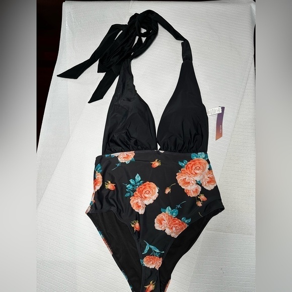 FLORAL SWIMSUIT XL One Piece Halter Back Out Deep V Neck Plunge Wireless Women - Picture 4 of 12